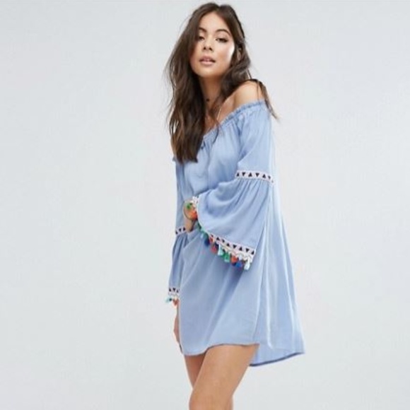 ASOS Blue Off Shoulder Dress w/Rainbow Tassels - Picture 6 of 8